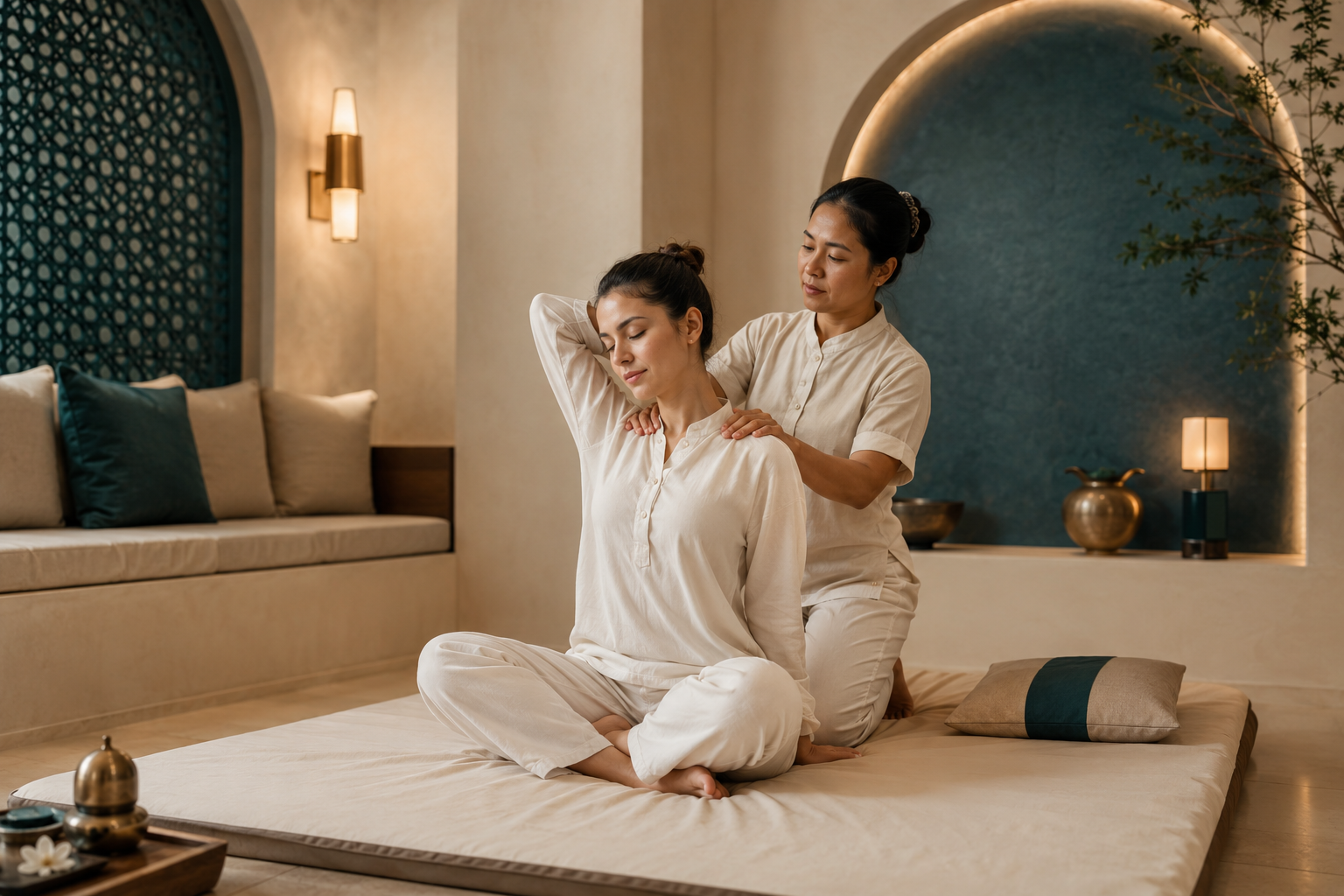 Professional traditional Thai massage with modest clothing in Al Barsha Dubai